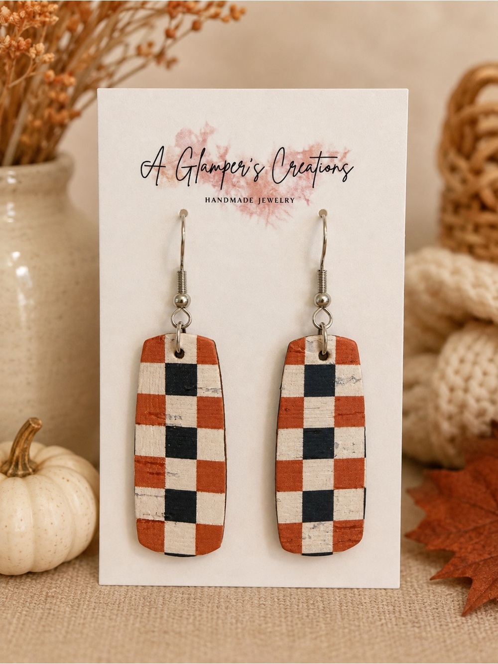 Rust and Black Buffalo Check Dangle Earrings